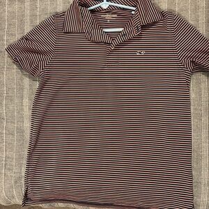 Boys Vineyard Vines medium Sankaty melon and navy blue striped polo